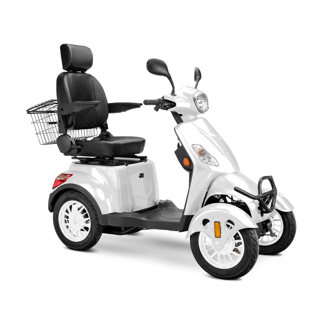 The Bespoke Prestige Recreational 4-Wheel Scooter features a white body, 600W motor, high-back black adjustable seat with armrests, handlebars, rearview mirrors, front headlight, and a metal storage basket at the back.